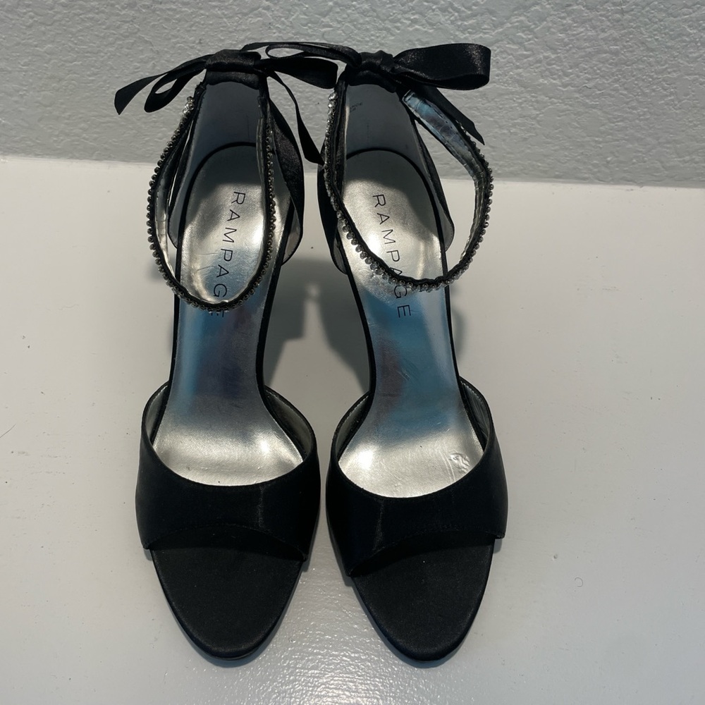 Rampage Black Satin Open-Toe Heels with Crystal Ankle Strap - Picture 3 of 8